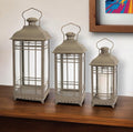 Set of Three Brown Distressed Geometric Glass And Metal Floor Lantern Candle Holders
