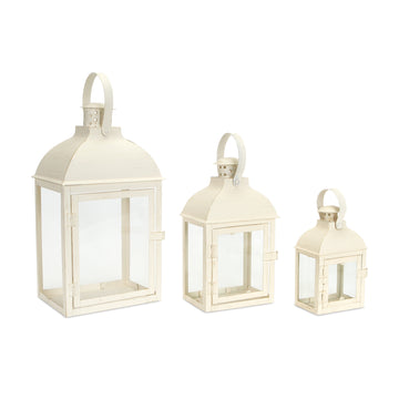 Set of Three Ivory Glass and Metal Floor Lantern Candle Holders