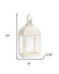 Set of Three Ivory Distressed Glass And Metal Floor Lantern Candle Holders