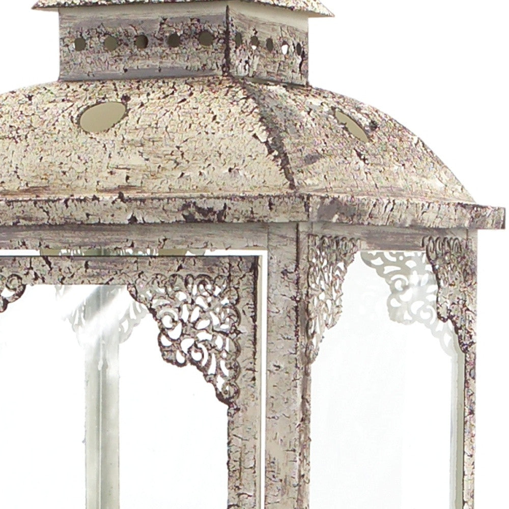 Set of Two Beige Glass and Metal Distressed Floor Lantern Candle Holders