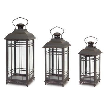 Set of Three Black Distressed Geometric Glass And Metal Floor Lantern Candle Holders