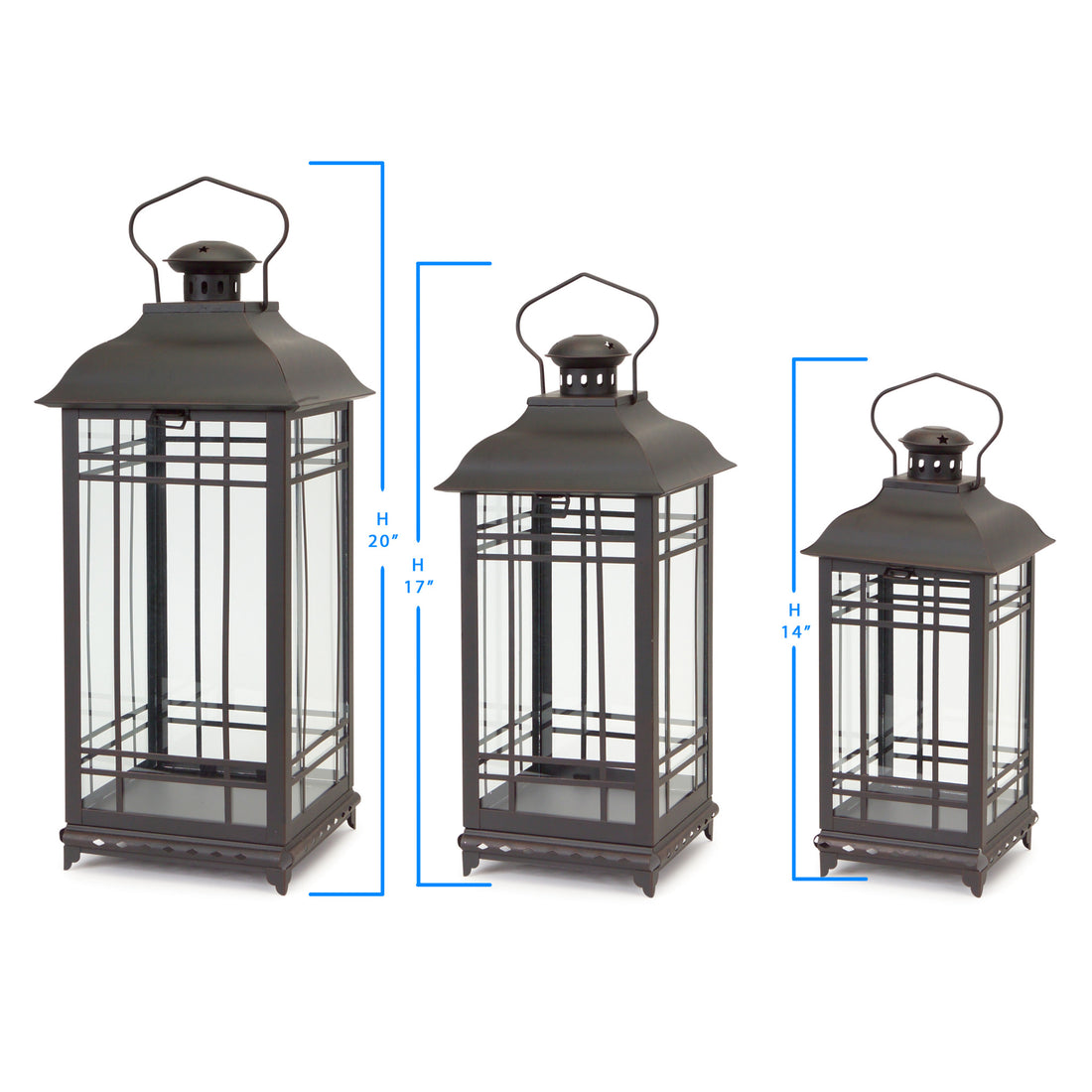 Set of Three Black Glass and Metal Geometric Floor Lantern Candle Holders