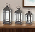 Set of Three Black Distressed Geometric Glass And Metal Floor Lantern Candle Holders