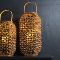 20" Natural Distressed Woven Glass And Wicker Floor Lantern Candle Holder