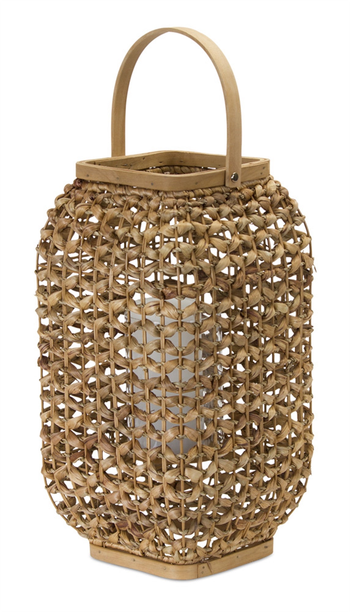 16" Natural Glass and Wicker Woven Floor Lantern Candle Holder