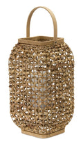 16" Natural Distressed Woven Glass And Wicker Floor Lantern Candle Holder