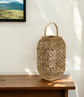 16" Natural Distressed Woven Glass And Wicker Floor Lantern Candle Holder