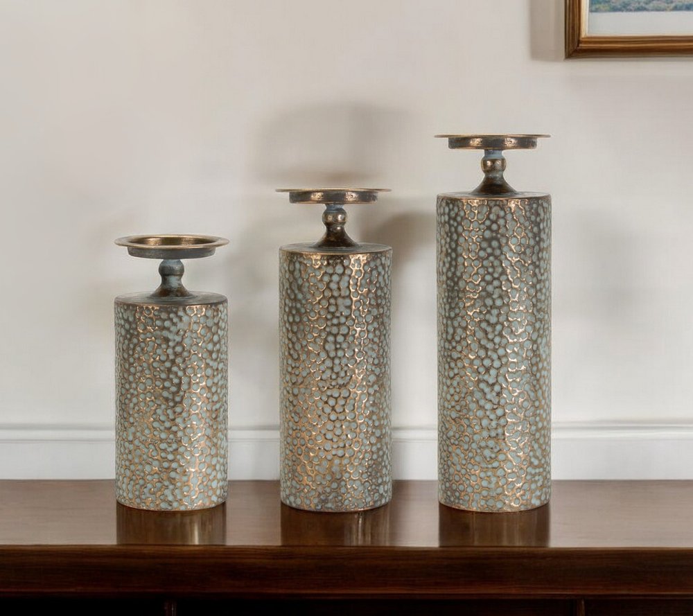 Set of Three Bronze Distressed Abstract Metal Tabletop Pillar Candle Holders