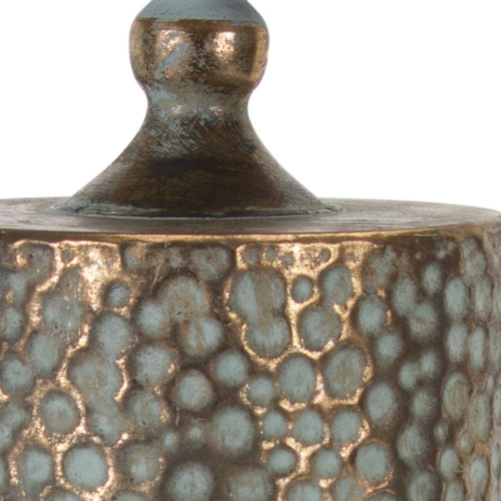 Set of Three Bronze Distressed Abstract Metal Tabletop Pillar Candle Holders