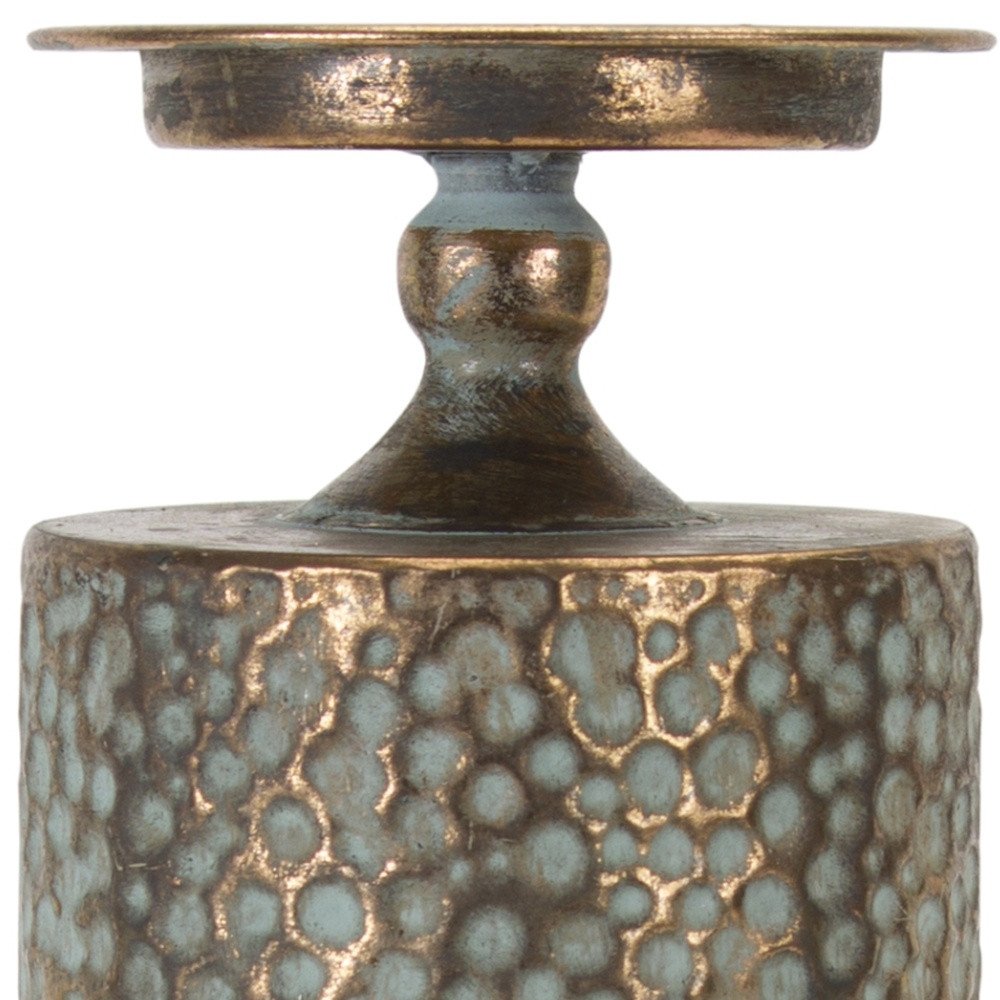 Set of Three Bronze Distressed Abstract Metal Tabletop Pillar Candle Holders
