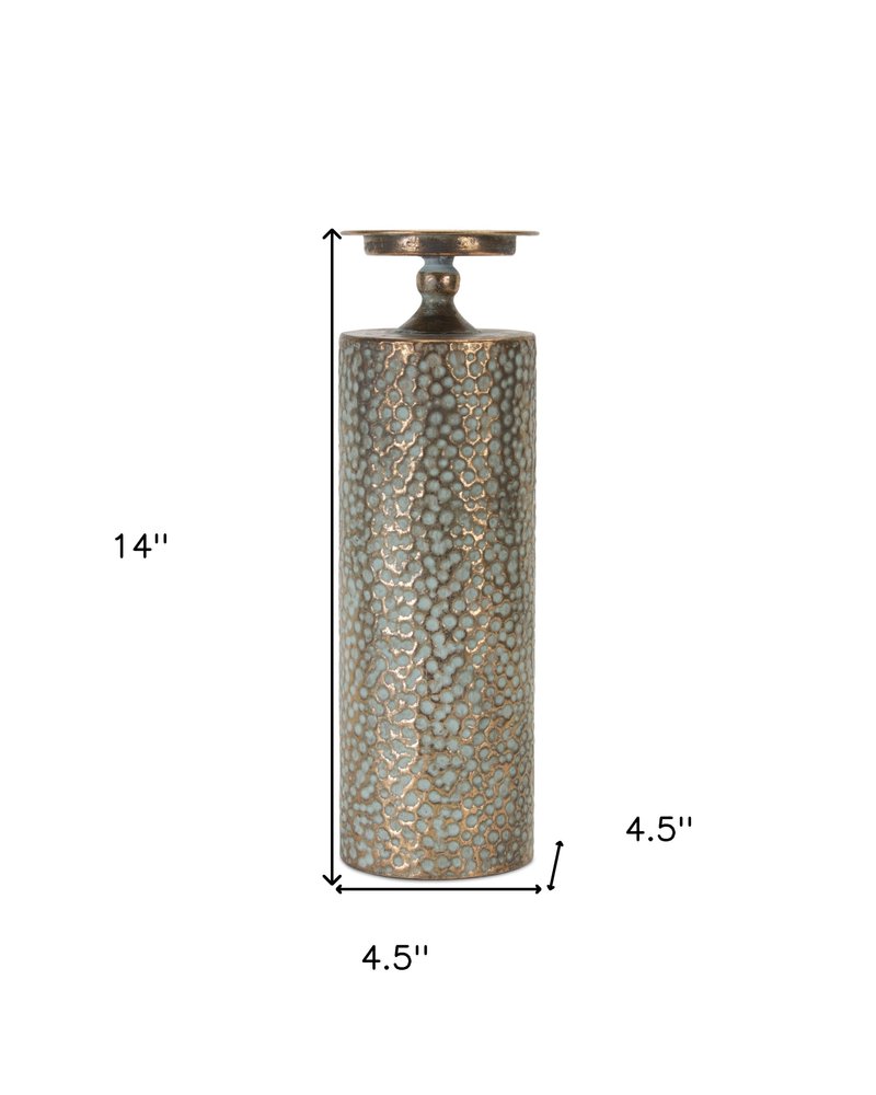 Set of Three Bronze Distressed Abstract Metal Tabletop Pillar Candle Holders