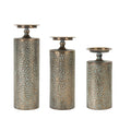 Set of Three Bronze Distressed Abstract Metal Tabletop Pillar Candle Holders