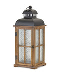 Set of Two Brown and Black Frosted Glass Wood and Metal Floor Lantern Candle Holders