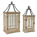 Set of Two Brown And Black Distressed Geometric Wood And Metal Tabletop Lantern Candle Holders