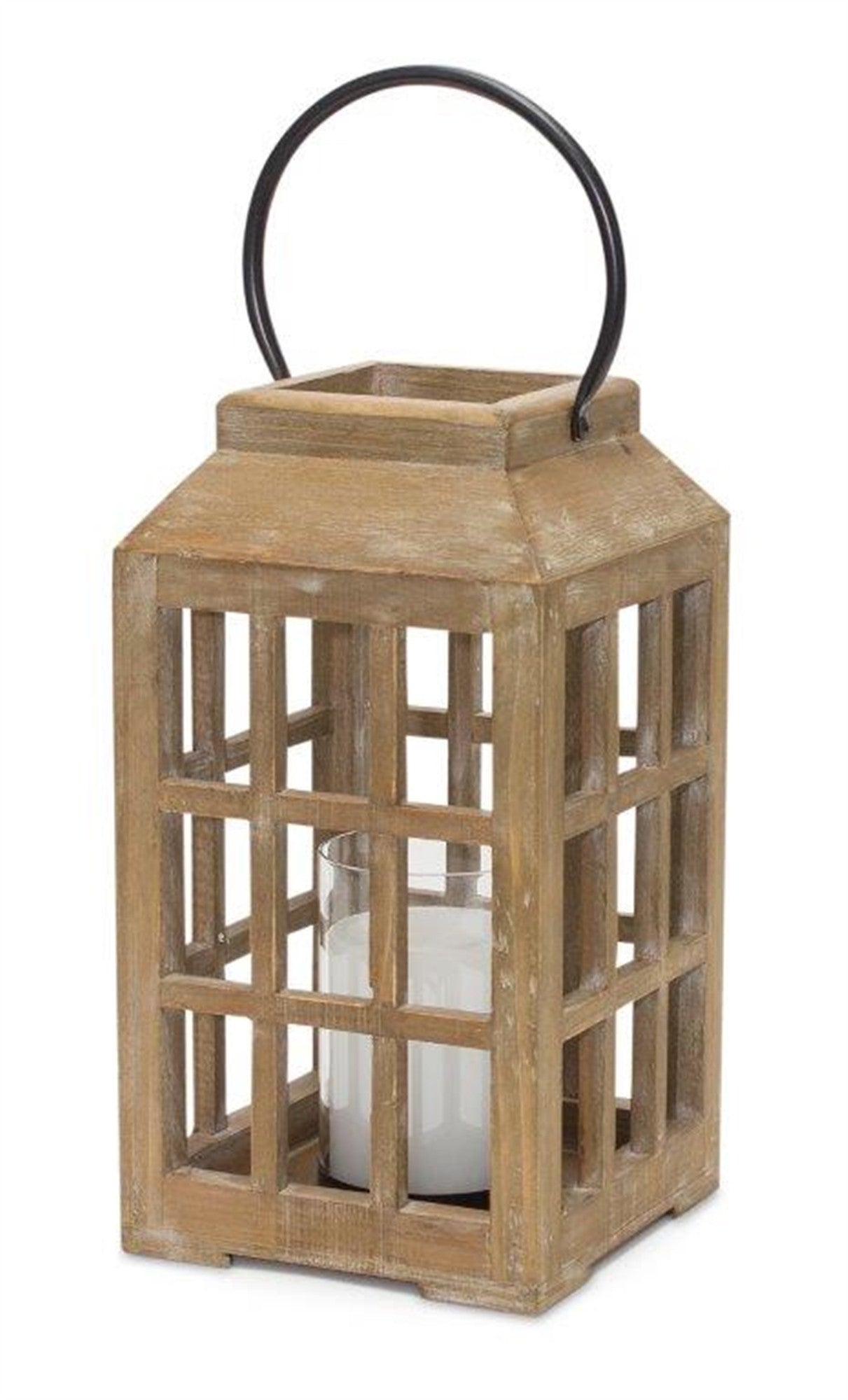 13" Natural Wood and Glass Hurrican Lantern Candle Holder