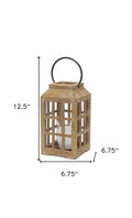 13" Natural Distressed Wood And Glass Centerpiece Lantern Candle Holder