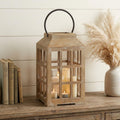 13" Natural Distressed Wood And Glass Centerpiece Lantern Candle Holder