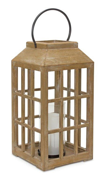 18" Natural Wood and Glass Geometric Centerpiece Lantern Candle Holder