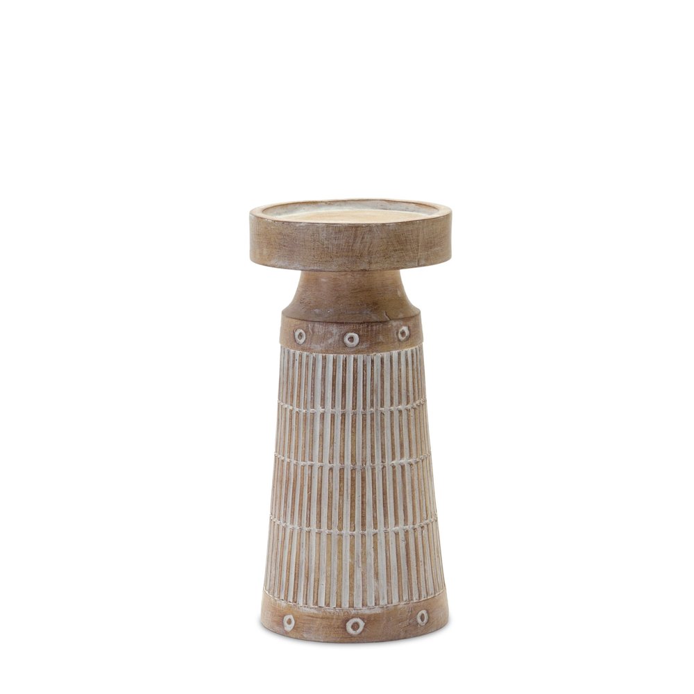 Set of Three Natural And White Distressed Geometric Polyresin Tabletop Pillar Candle Holders