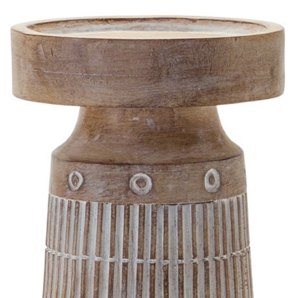 Set of Three Natural And White Distressed Geometric Polyresin Tabletop Pillar Candle Holders