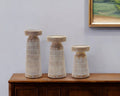 Set of Three Natural And White Distressed Geometric Polyresin Tabletop Pillar Candle Holders