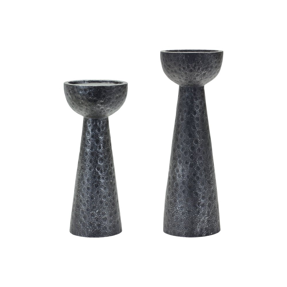 Set of Two Black Distressed Hammered Polyresin Tabletop Pillar Candle Holders
