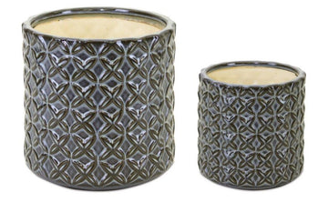 Set of Two Brown And Gray Clay 7 Ounce Geometric Round Pot Planters