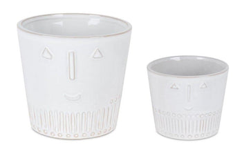 Set of Two White Porcelain 4 Ounce Abstract Face Pot Planters