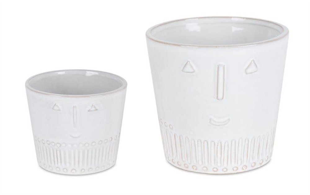 Set of Two White Porcelain 4 Ounce Abstract Face Pot Planters