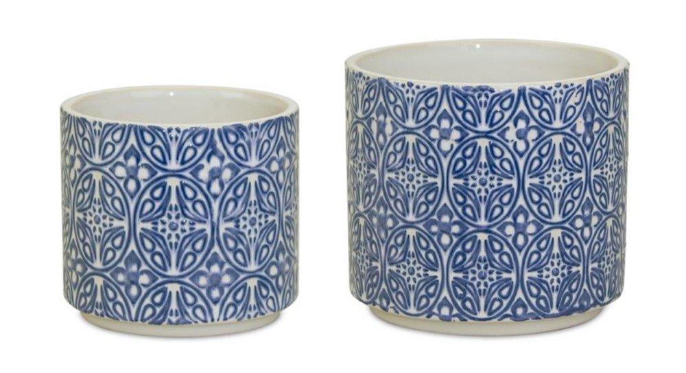 Set of Two Blue And White Ceramic Medallion 3 Ounce Round Pot Planters