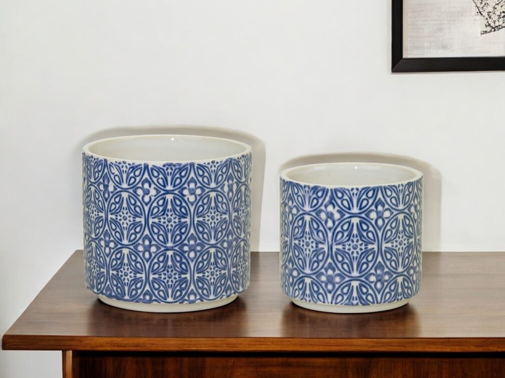 Set of Two Blue And White Ceramic Medallion 3 Ounce Round Pot Planters