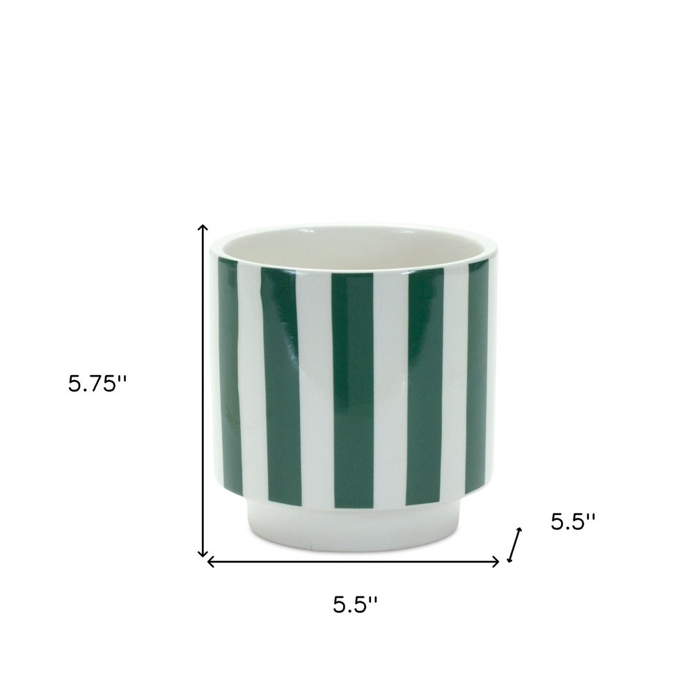 Set of Two Green And White Dolomite Striped 4 Ounce Round Pot Planters