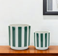 Set of Two Green And White Dolomite Striped 4 Ounce Round Pot Planters