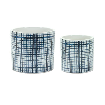 Set of Two White And Blue Ceramic Lattice 2 Ounce Round Pot Planters