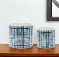Set of Two White And Blue Ceramic Lattice 2 Ounce Round Pot Planters