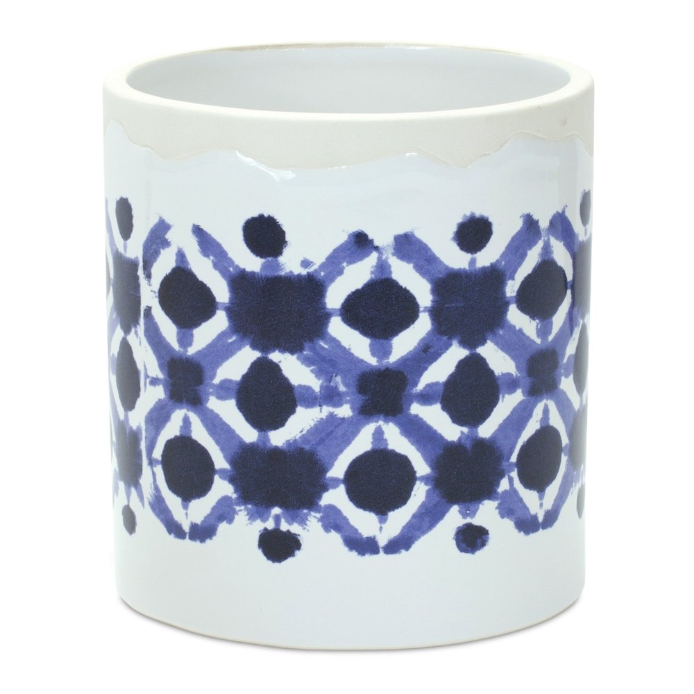 Set of Two White And Blue Ceramic 5 Ounce Geometric Round Pot Planters