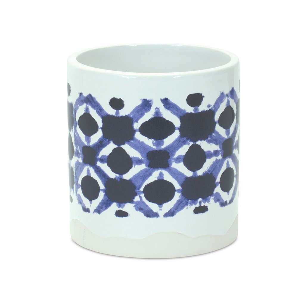 Set of Two White And Blue Ceramic 5 Ounce Geometric Round Pot Planters