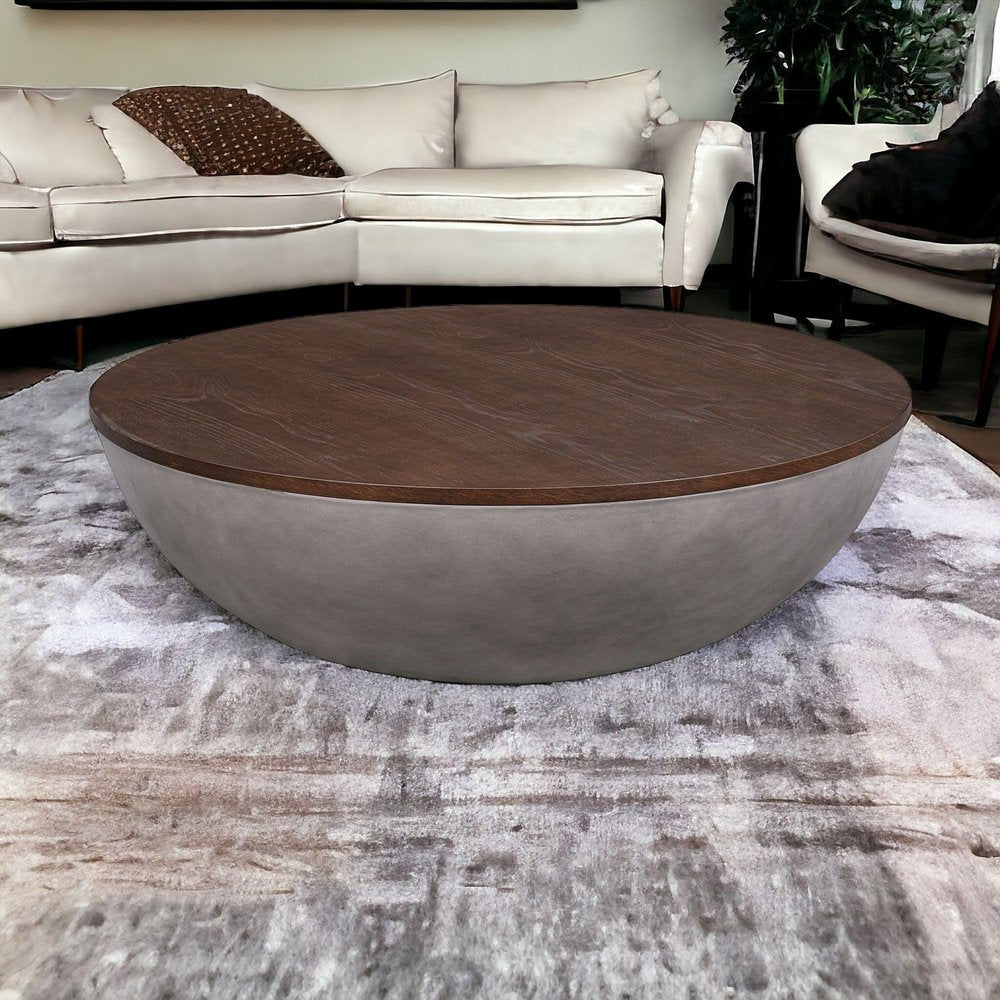48" Brown And Gray Solid Wood And Concrete Round Coffee Table