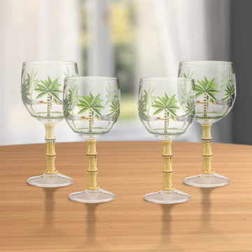 Set of Four Clear and Green Palm Tree Acrylic Stemmed All Purpose Wine Glasses