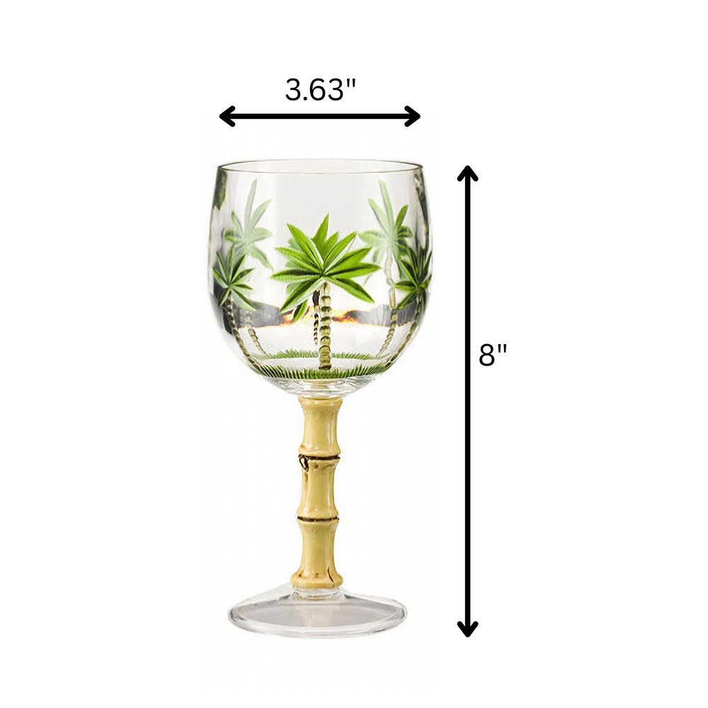 Set of Four Clear and Green Palm Tree Acrylic Stemmed All Purpose Wine Glasses