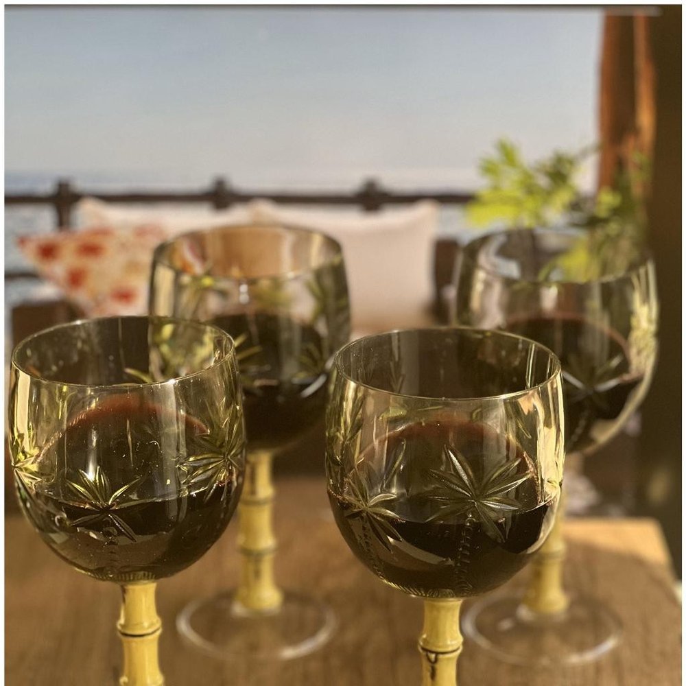 Set of Four Clear and Green Palm Tree Acrylic Stemmed All Purpose Wine Glasses