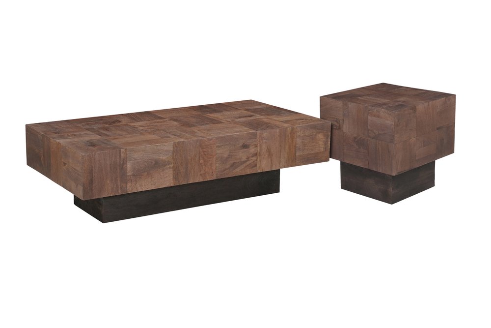 59" Dark Brown and Black Solid Wood Block Coffee Table