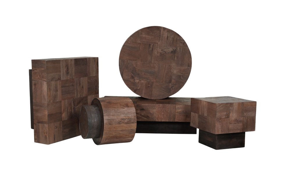 59" Dark Brown and Black Solid Wood Block Coffee Table