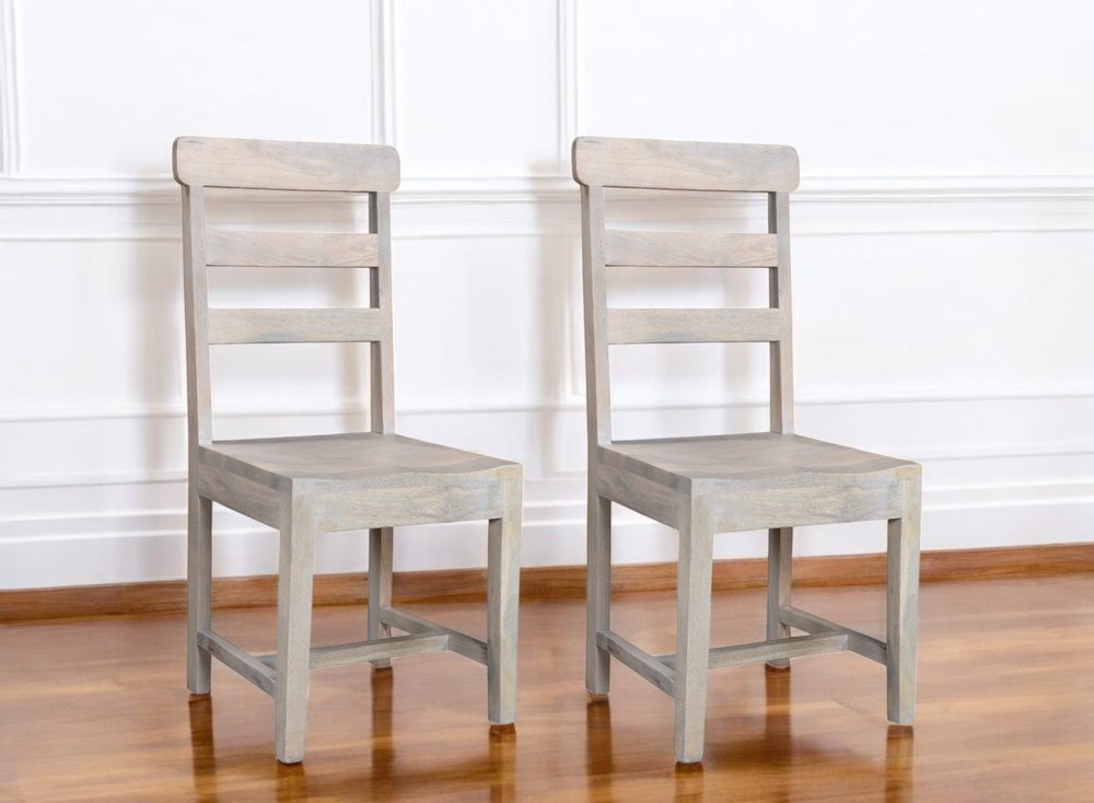 Set of Two White Wood Ladder Back Dining Side Chairs