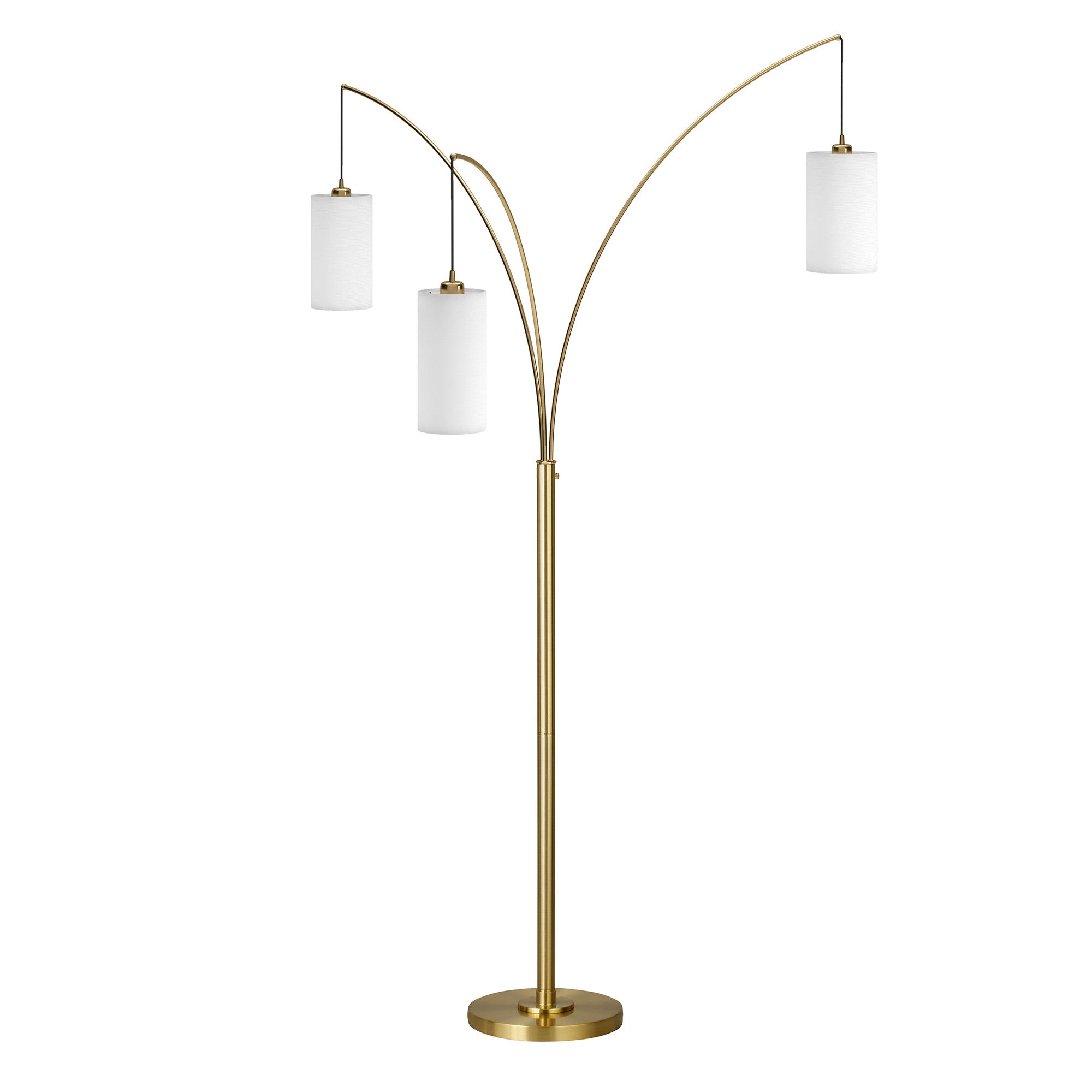 83" Brass Three Light Tree Floor Lamp With White Frosted Glass Drum Shade