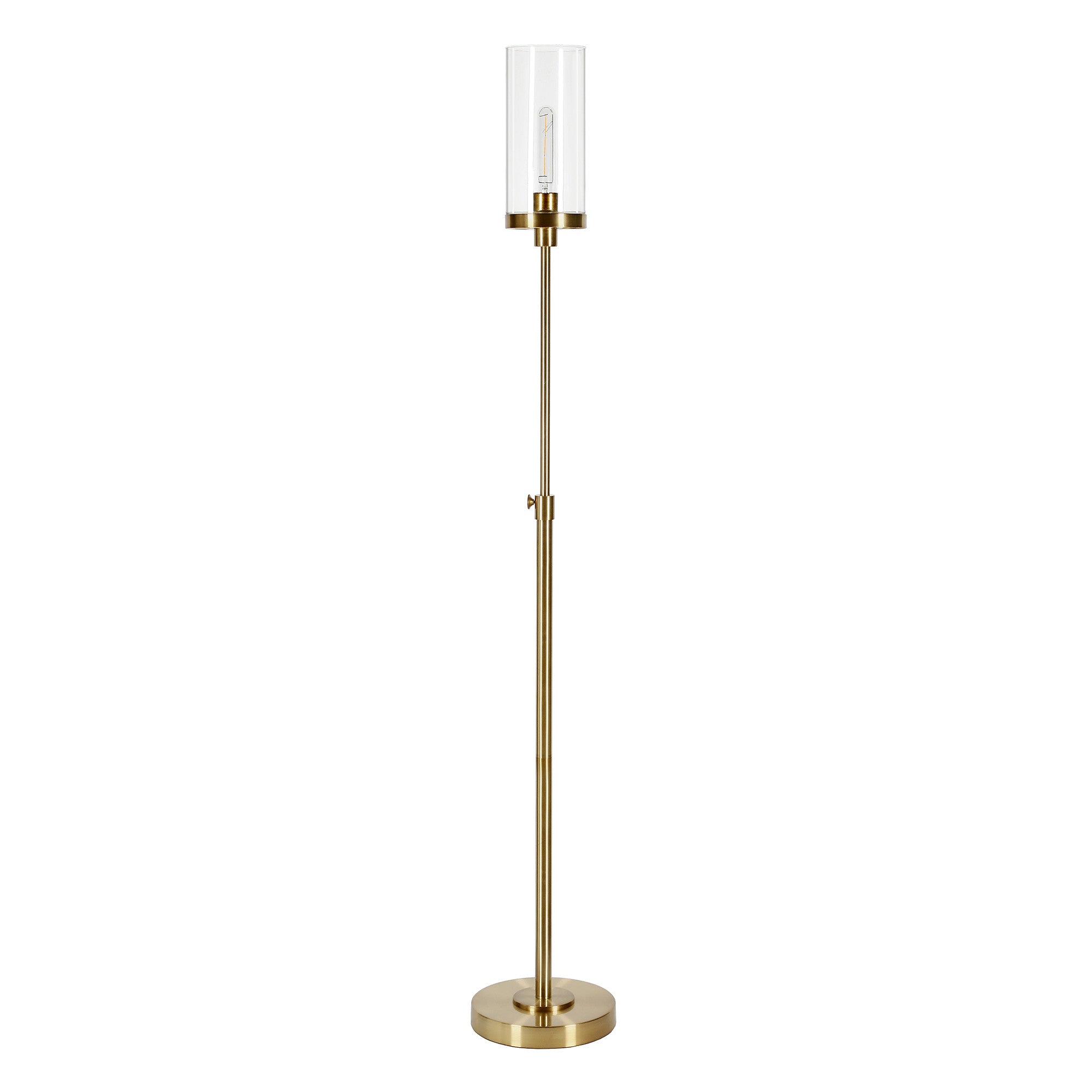 66" Brass Adjustable Torchiere Floor Lamp With Clear Glass Cylinder Shade