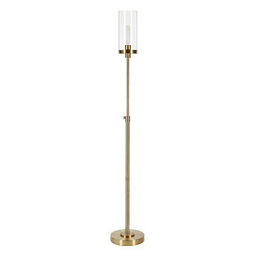 66" Brass Adjustable Torchiere Floor Lamp With Clear Glass Cylinder Shade