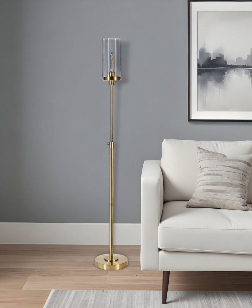 66" Brass Adjustable Torchiere Floor Lamp With Clear Glass Cylinder Shade