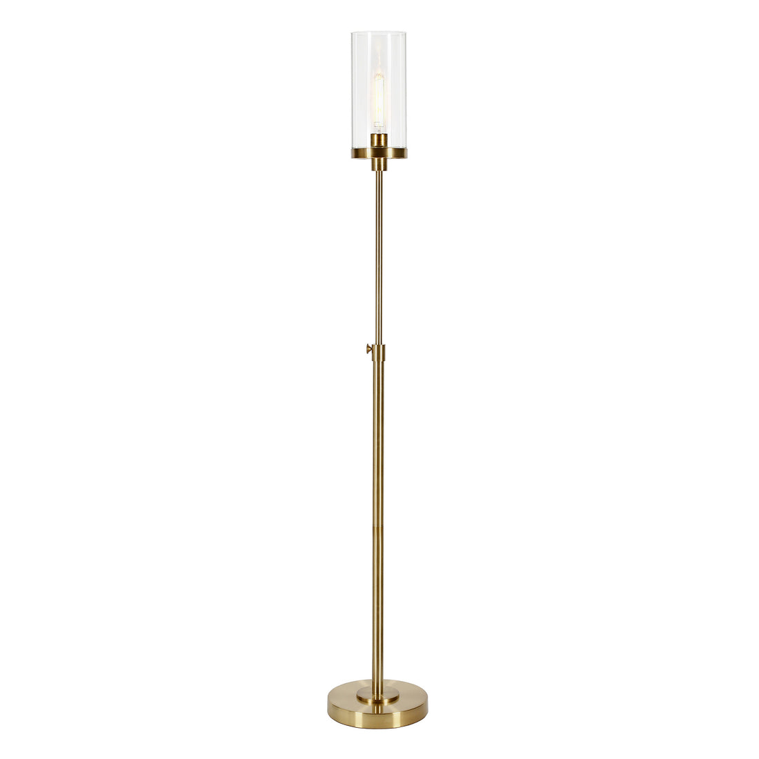 66" Brass Adjustable Torchiere Floor Lamp With Clear Glass Cylinder Shade