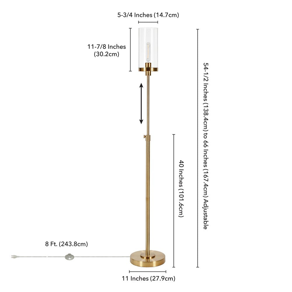 66" Brass Adjustable Torchiere Floor Lamp With Clear Glass Cylinder Shade